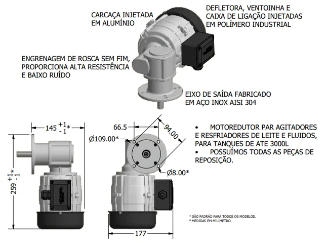 Motoredutor para Resfriadores de Leite VXRSA15 Monofásico 220/254V