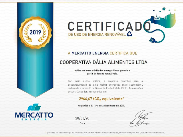 Pela terceira vez consecutiva, Dália recebe Certificado de Uso de Energia Limpa e Renovável