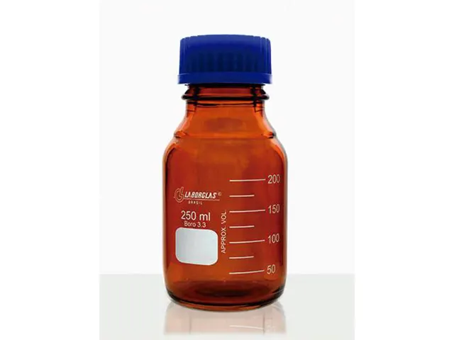 Frasco Reagente com Rosca Âmbar, Tampa e Anel Antigota Azul 250 ml Laborglas