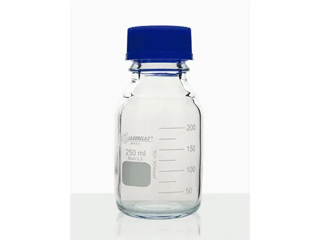 Frasco Reagente com Rosca, Tampa e Anel Antigota Azul 100 ml Laborglas
