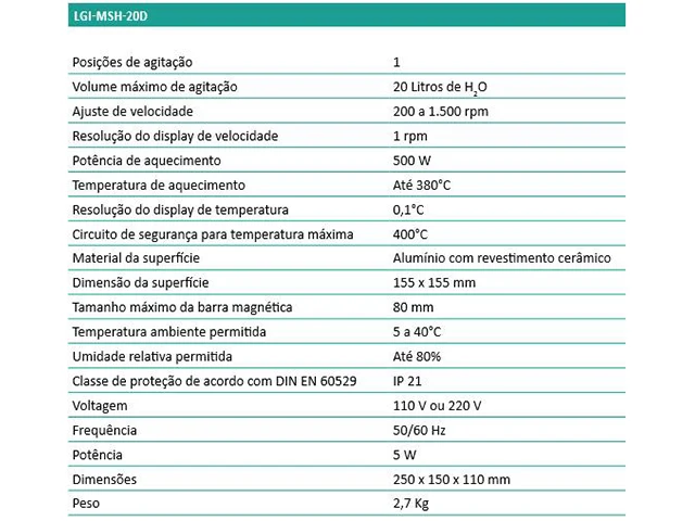 Agitador Magnético com Aquecimento Digital LGI-MSH-20D LGI Scientific