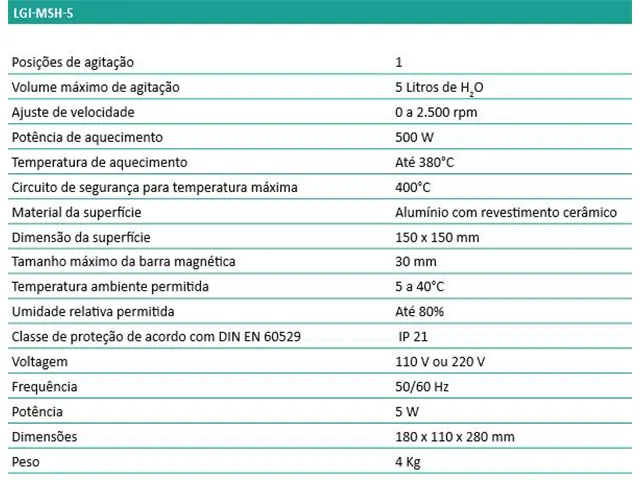 Agitador Magnético com Aquecimento LGI-MSH-5 LGI SCIENTIFIC