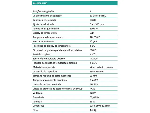 Agitador Magnético com Aquecimento Digital LGI-MSH-H550 LGI SCIENTIFIC