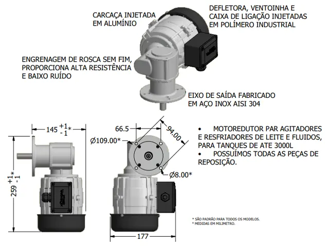 Motoredutor para Resfriadores de Leite VXRSA10 Monofásico 220/254V