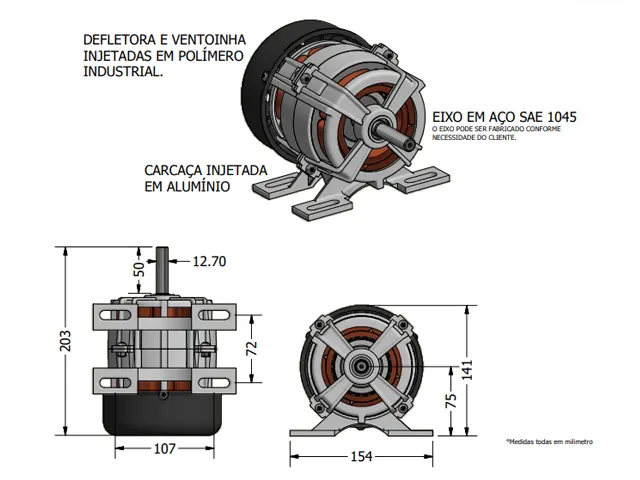 Motor Aberto com Base e Defletora Monofásico 110/220V Potência HP 1/4