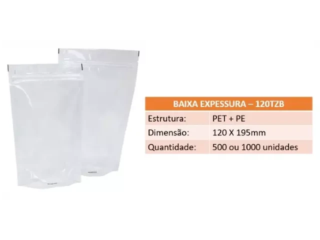 Stand Up Pouch 120TZB - 120 X 195mm - Transparente com Baixa Espessura 500un