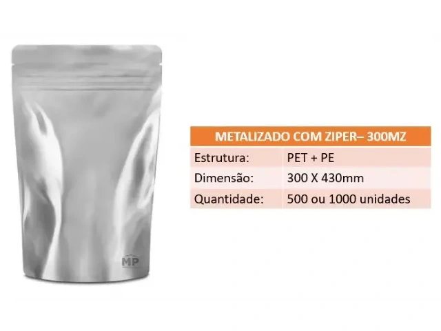 Stand Up Pouch 300MZ - 300 X 430mm - Metalizado com Zíper 500un