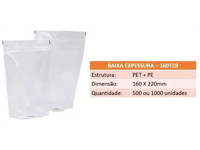 Stand Up Pouch 160TZB - 160 X 220mm - Transparente com Baixa Espessura 500un