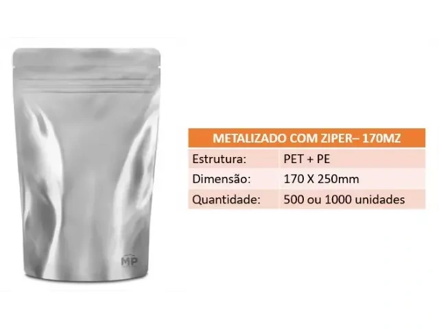 Stand Up Pouch 170M - 170 X 250mm - Metalizado com Zíper 500un