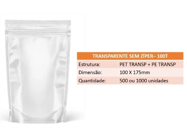 Stand Up Pouch 100T - 100 X 175mm - Transparente sem Ziper 500un