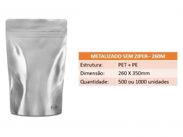 Stand Up Pouch 260M - 260 X 350mm - Metalizado sem Zíper 500un