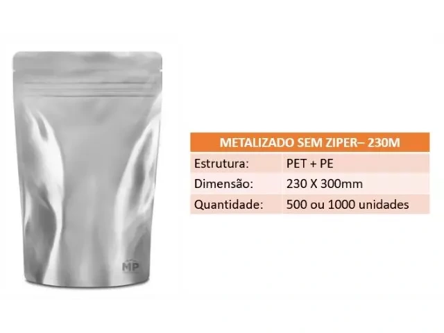 Stand Up Pouch 230M - 230 X 300mm - Metalizado sem Zíper 500un