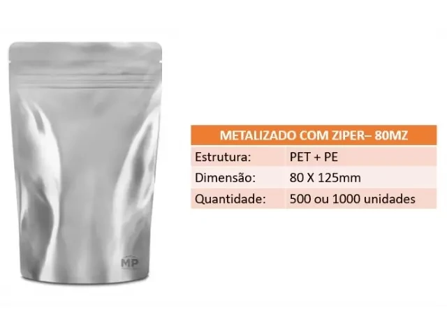 Stand Up Pouch 80MZ - 80 X 125mm - Metalizado com Zíper 500un