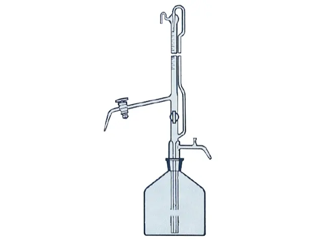 Bureta Automática Faixa Azul Torneira com Rosca de Vidro Frasco Forma Baixa 100ml DiogoLab