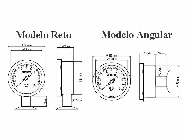 Manômetro Analógico Sanitário Modelo RZTC Reto (Vertical)