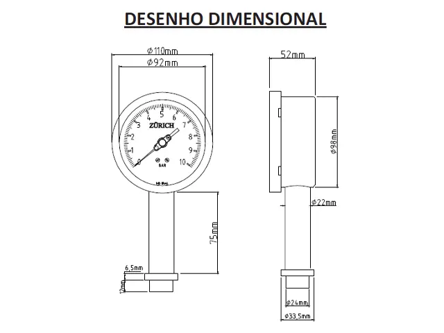 Manômetro Analógico Sanitário Modelo RZMK