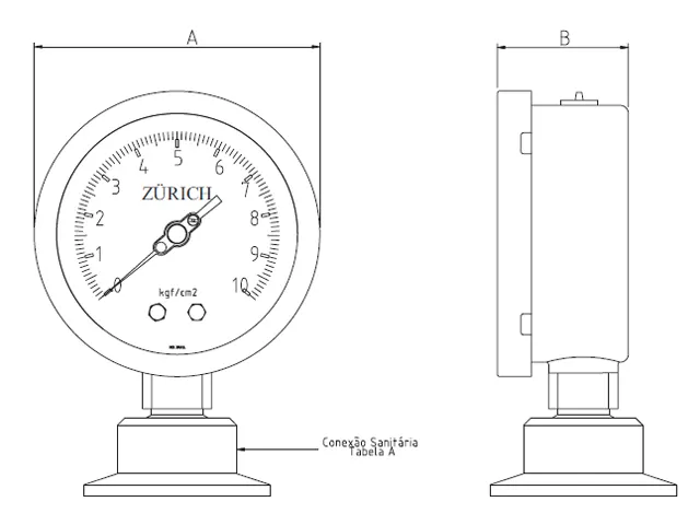 Manômetro Analógico Sanitário Selado Modelo ZITC