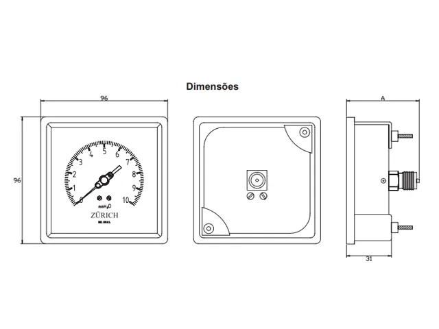 Manômetro Quadrado para Painel ZS.96.5