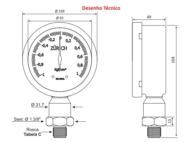 Manômetro com Diafragma Interno ZI.100.FLUSH.I