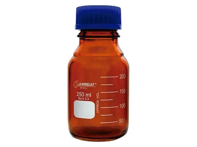Frasco Reagente com Rosca Âmbar, Tampa e Anel Antigota Azul 50 ml Laborglas